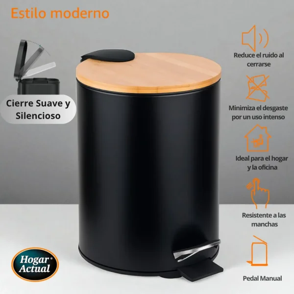 CESTO DE RESIDUOS NEGRO TAPA BAMBU - Imagen 3